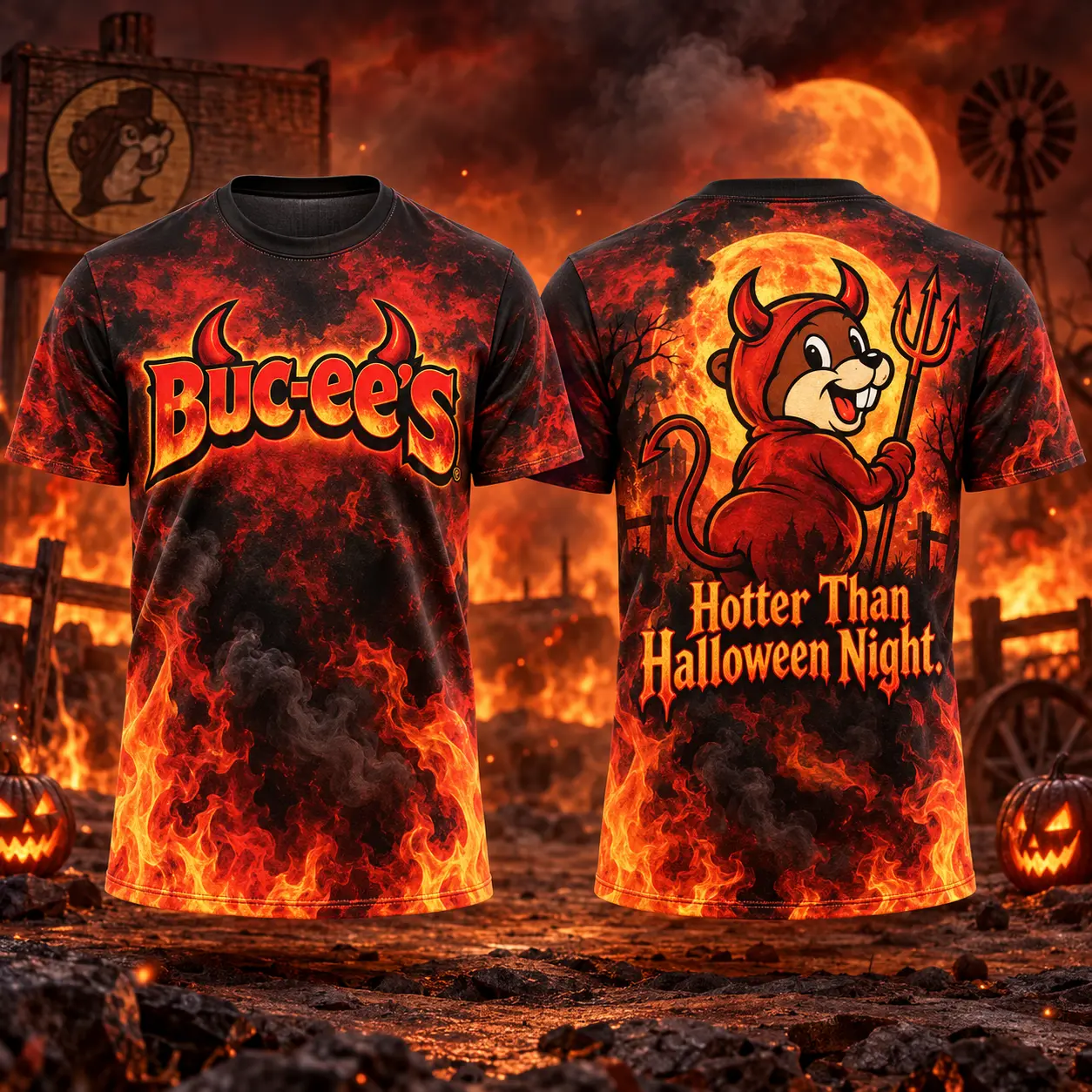 Buc-ee's Flaming Devil Halloween T-Shirt For Spooky Spirits Who Turn Up The Autumn Heat NDN flat front and back
