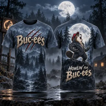 Buc-ee's Blue Werewolf Moon T-Shirt For Halloween Travelers Howling For Their Next Roadside Stop NDN flat front and back