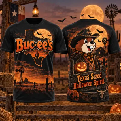 Buc-ee's Texas Witch Halloween T-Shirt For Road Trip Fans With Texas Sized Seasonal Spirit NDN flat front and back