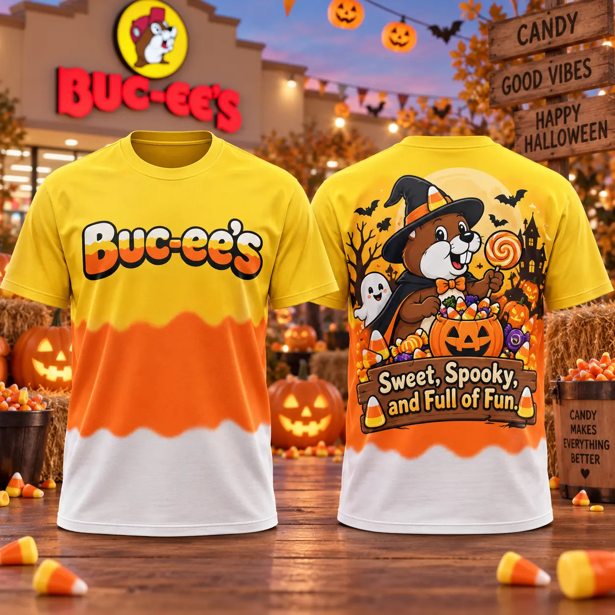 Buc-ee's Candy Corn Stripe T-Shirt For Halloween Fans Who Keep The Season Sweet And Spooky NDN flat front and back