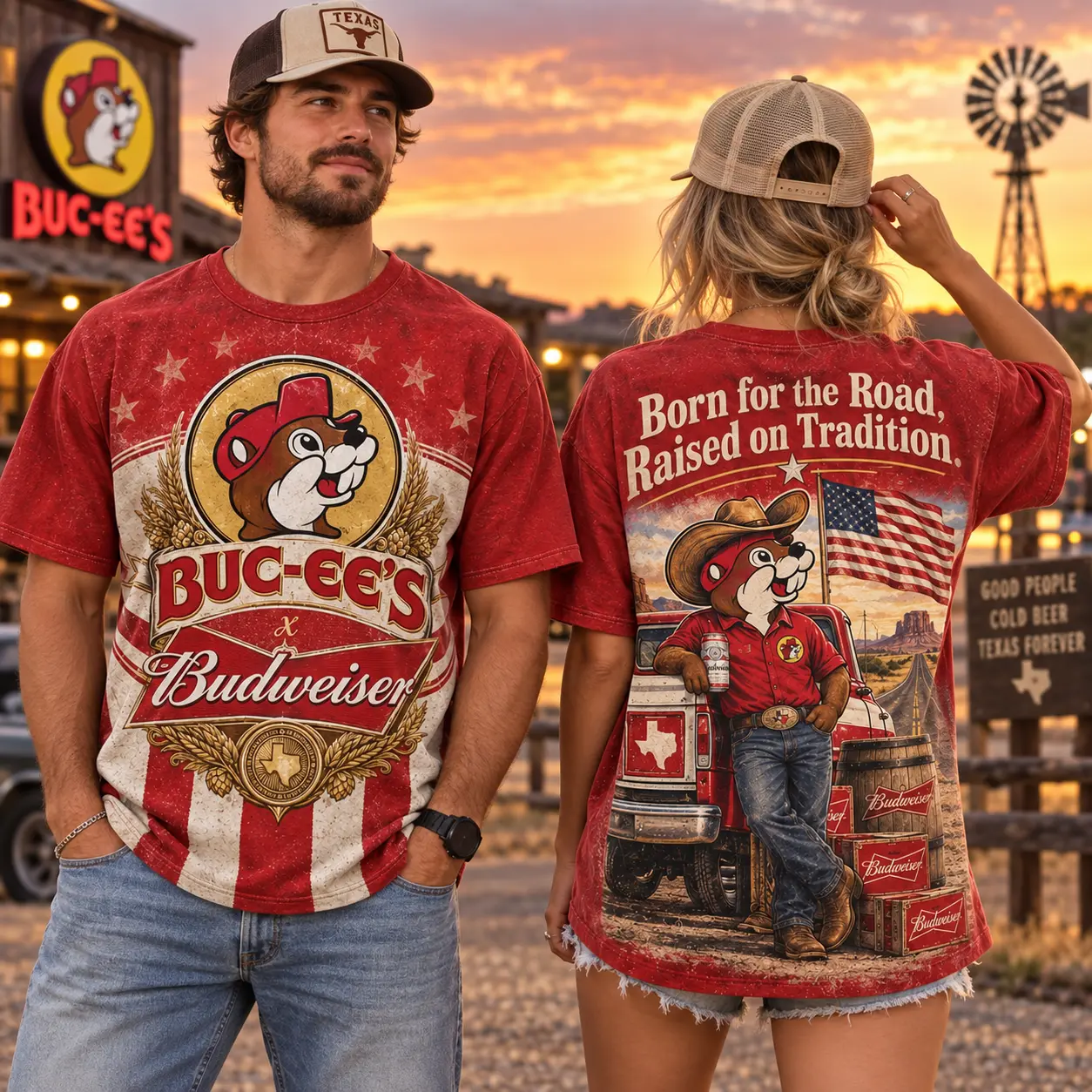 Buc-ee's Budweiser Red Heritage T-Shirt For Road Trip Fans Who Appreciate A Classic Look NDN worn front and back