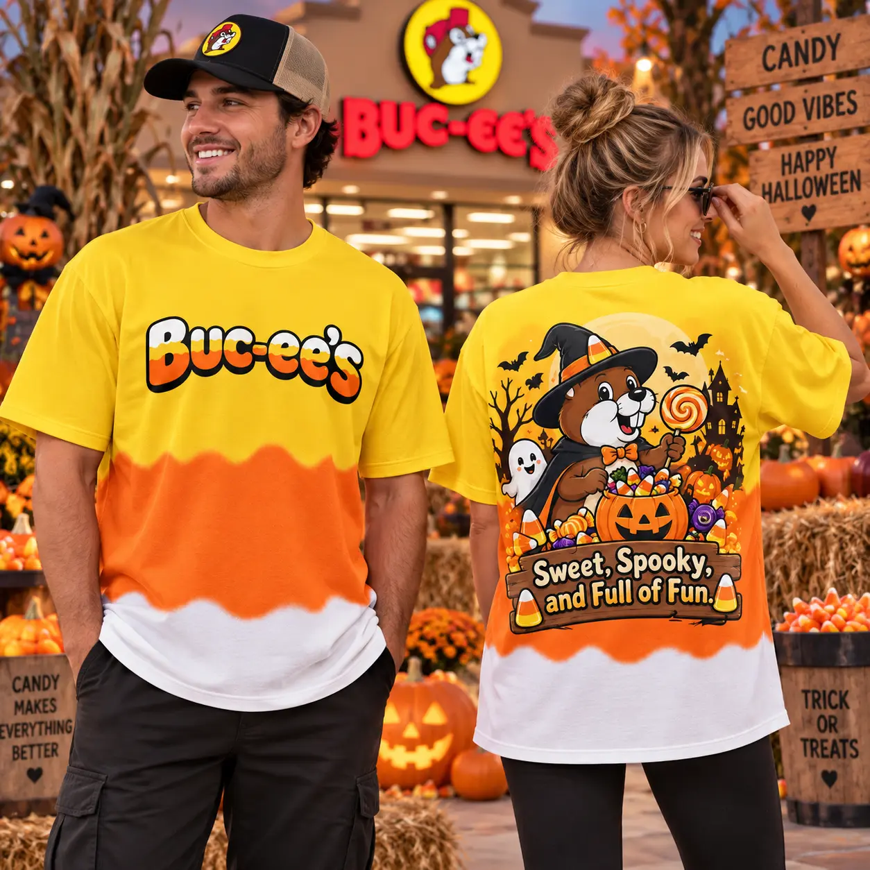 Buc-ee's Candy Corn Stripe T-Shirt For Halloween Fans Who Keep The Season Sweet And Spooky NDN worn front and back
