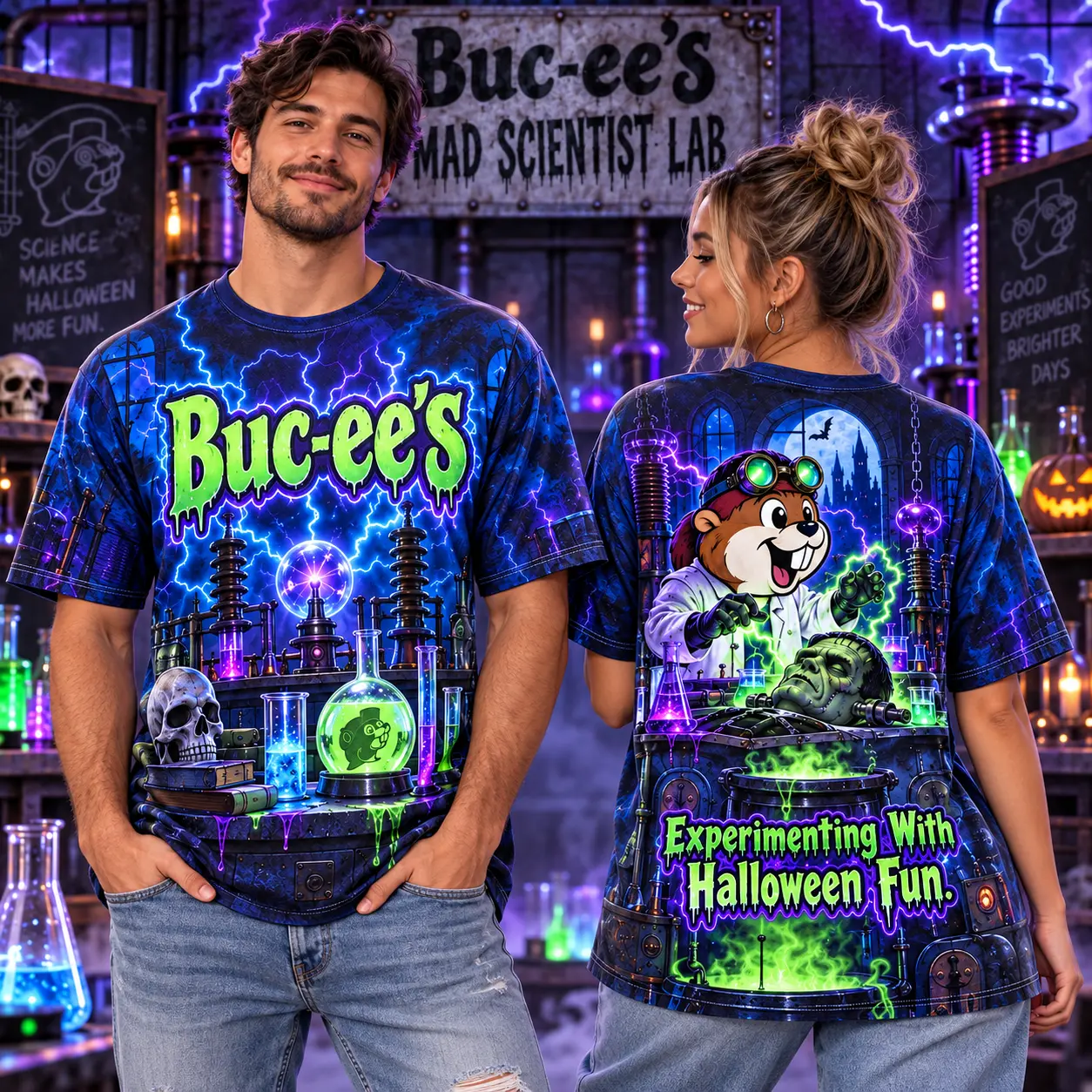 Buc-ee's Neon Scientist Lab T-Shirt For Halloween Minds Experimenting With A Little Midnight Magic NDN worn front and back