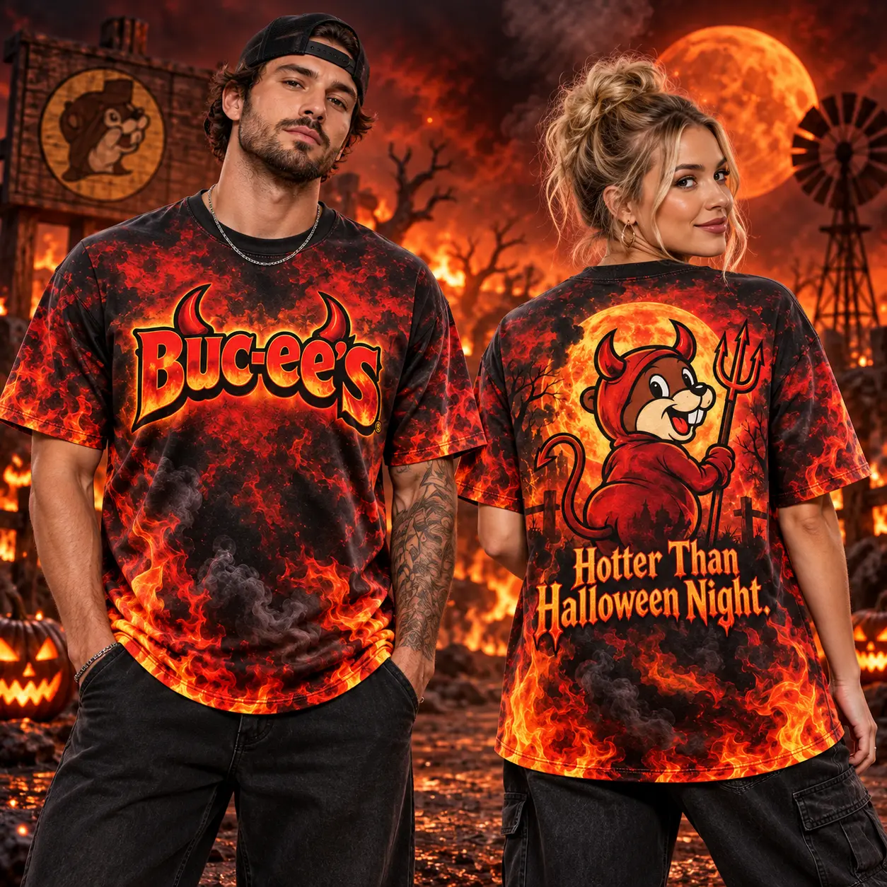 Buc-ee's Flaming Devil Halloween T-Shirt For Spooky Spirits Who Turn Up The Autumn Heat NDN worn front and back