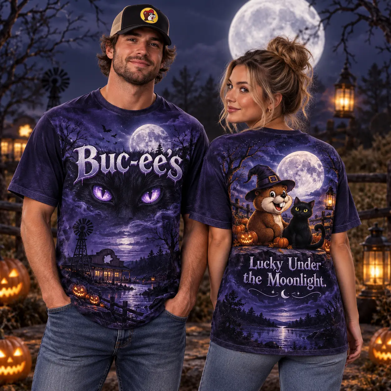 Buc-ee's Midnight Cat Moon T-Shirt For Halloween Dreamers Who Find Luck Under The Stars NDN worn front and back