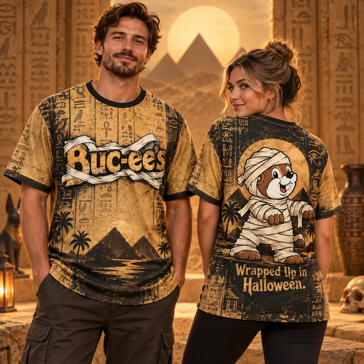 Buc-ee's Golden Mummy Halloween T-Shirt For Spooky Souls Wrapped Up In Ancient Adventures NDN worn front and back