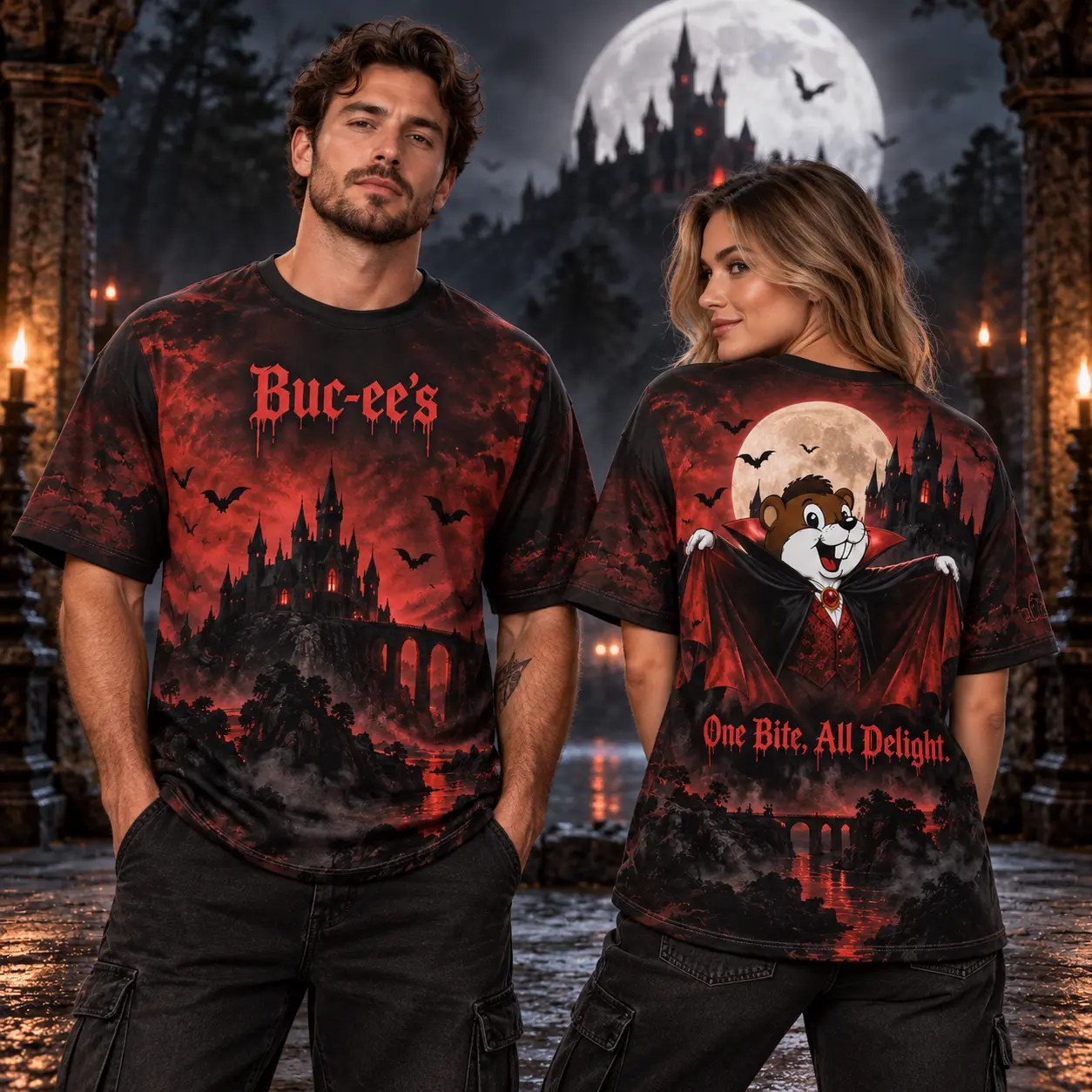 Buc-ee's Red Vampire Night T-Shirt For Halloween Fans Who Come Alive Beneath Dark Skies NDN worn front and back