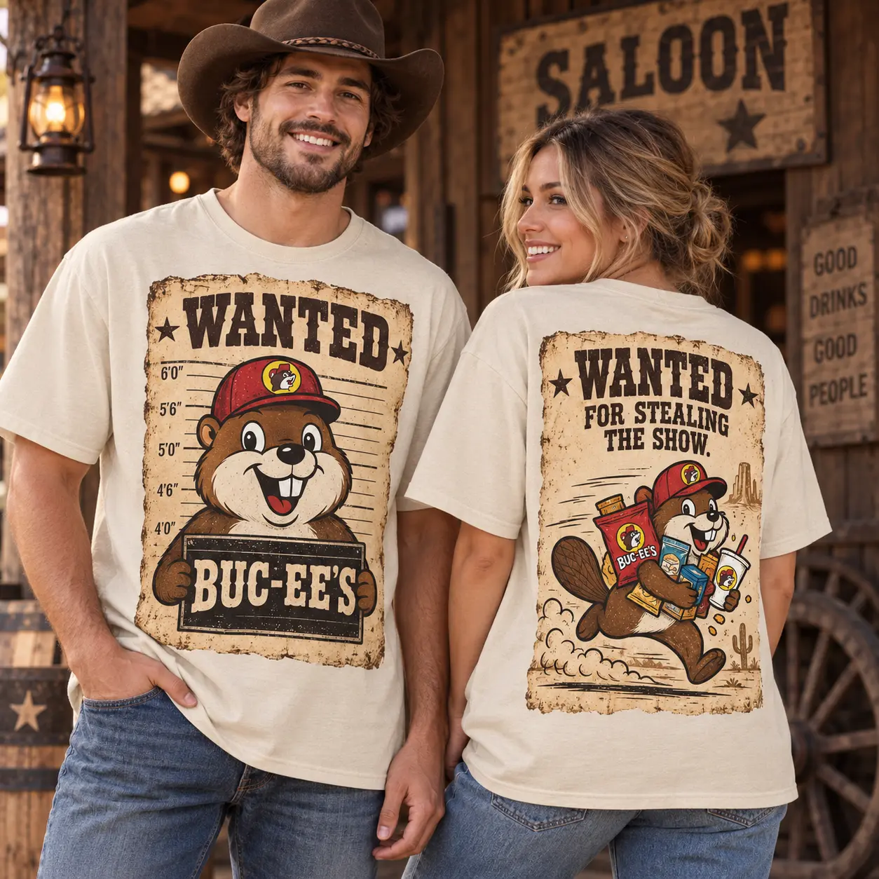 Buc-ee's Wanted Poster Beaver T-Shirt for Roadside Characters Ready to Steal the Show NDN worn front and back