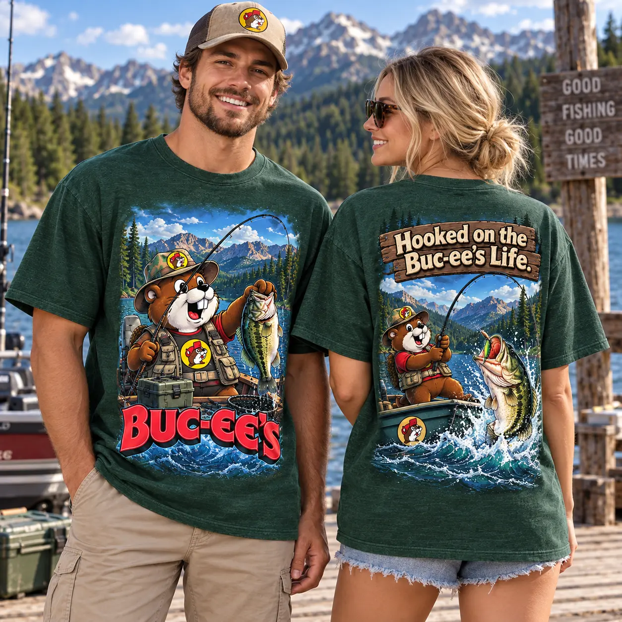 Buc-ee's Mountain Lake Fishing 3D Shirt for Anglers Hooked on Their Next Adventure NDN worn front and back