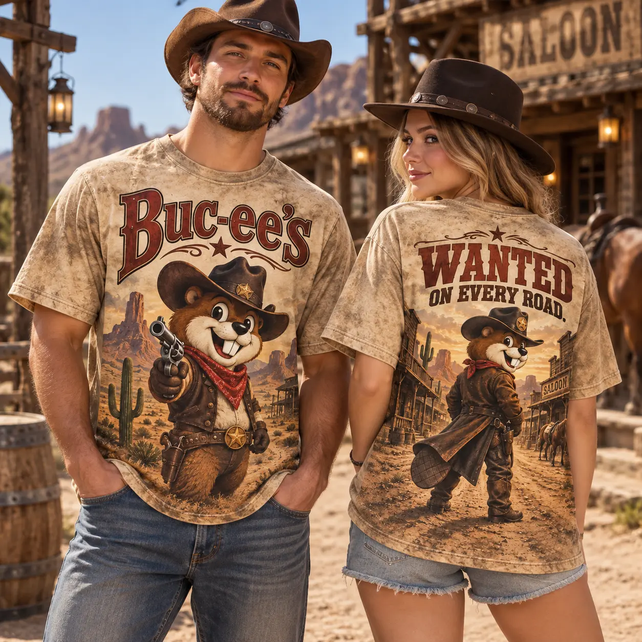 Buc-ee's Wanted Cowboy Western Town 3D Shirt for Adventurers Welcome on Every Road NDN worn front and back