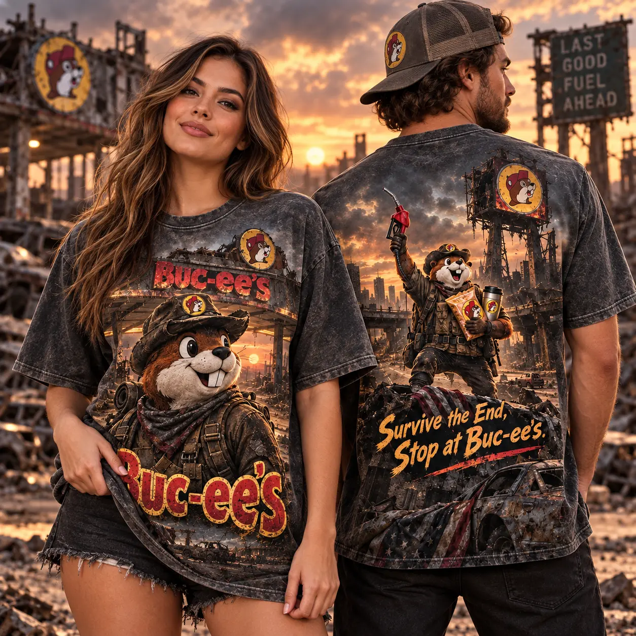 Buc-ee's Wasteland Survivor 3D Shirt for Road Warriors Making One More Essential Pit Stop NDN worn front and back