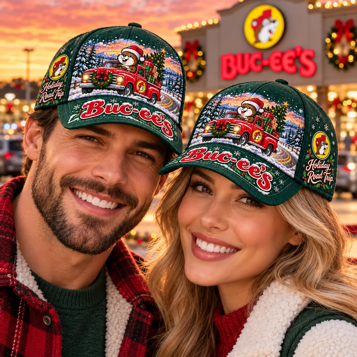 Buc-ee's Christmas Santa Beaver Red Truck Print Baseball Cap For Festive Holiday Road Trips NDN worn cap