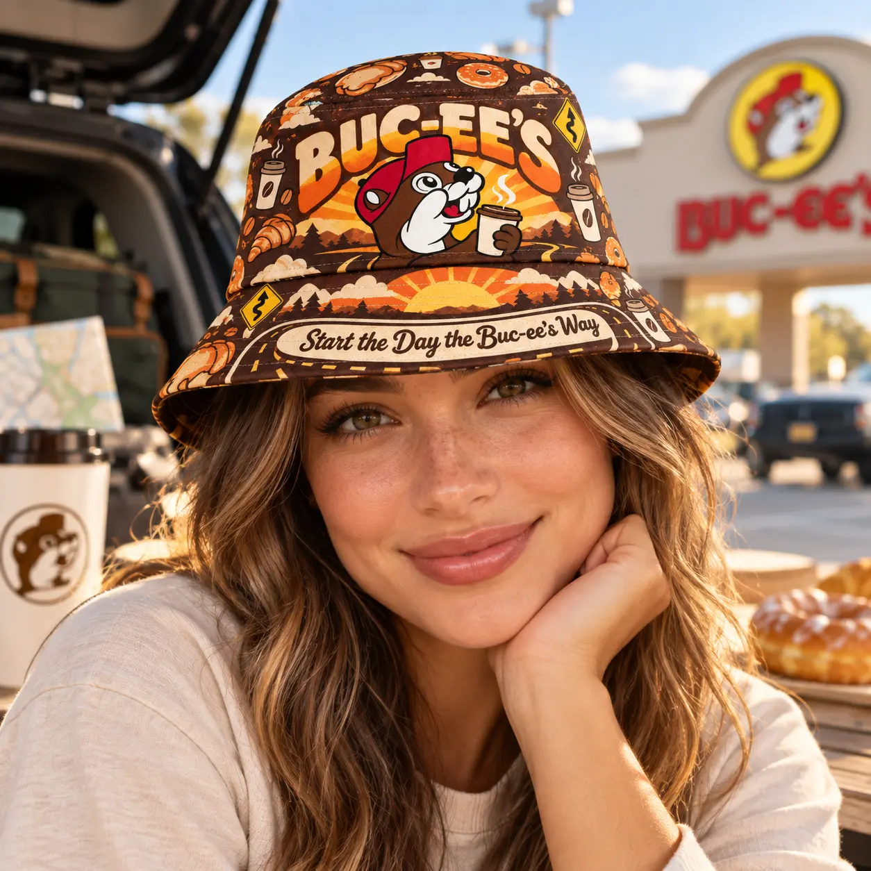 Buc-ee's Coffee Sunrise Brown Printed Bucket Hat For Early Morning Road Trips NDN worn