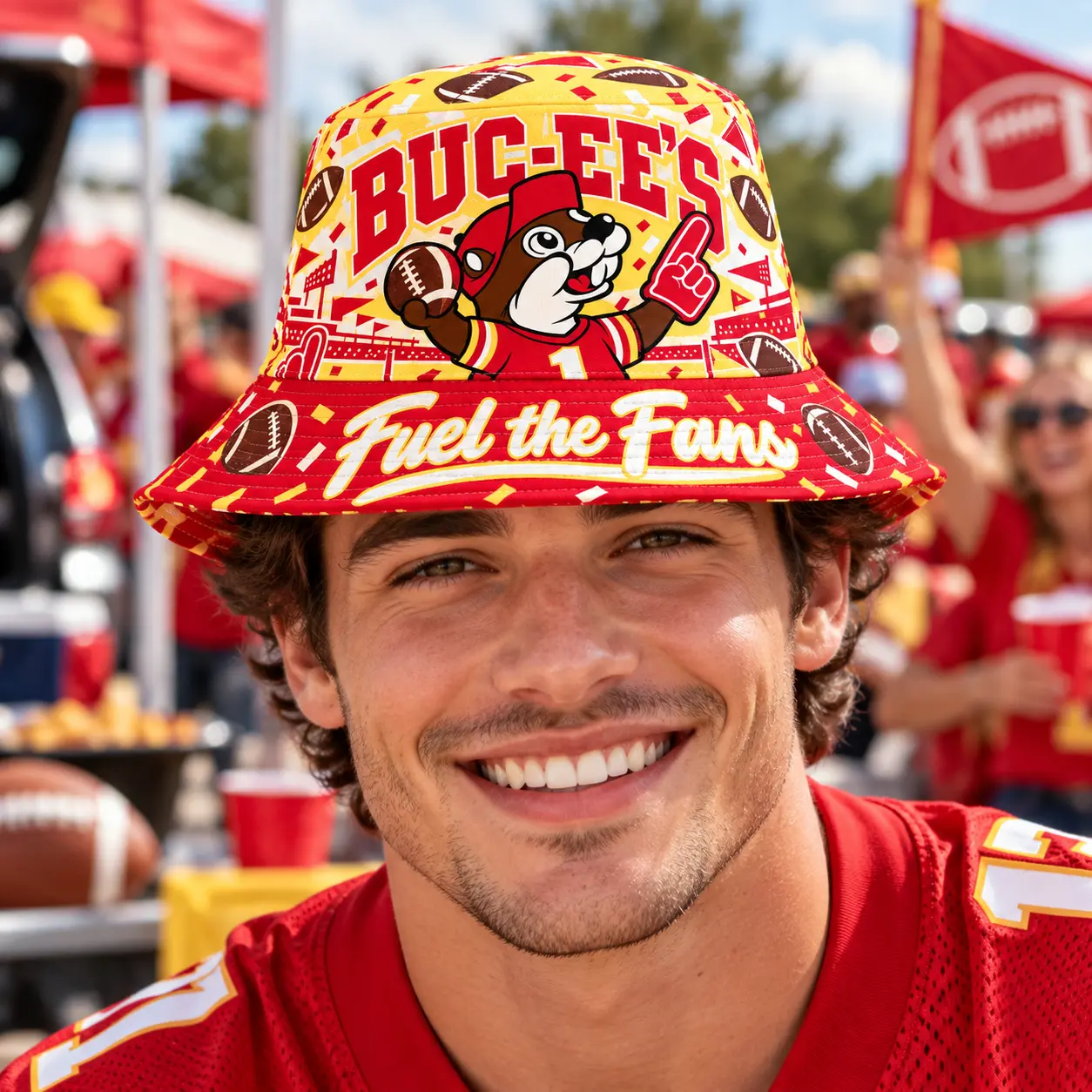 Buc-ee's Red Football Fan Printed Bucket Hat For Game Day Adventures NDN worn