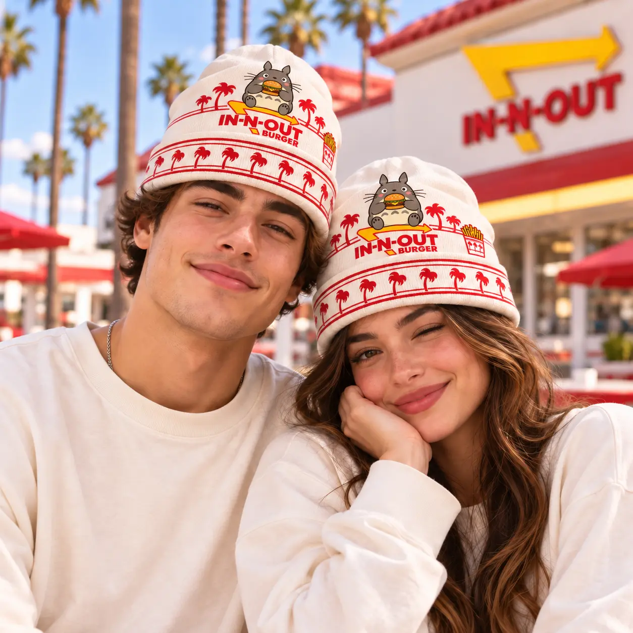 IN-N-OUT Totoro Burger And Red Palm Beanie For Forest Spirit Fans On Food Adventures NDN worn