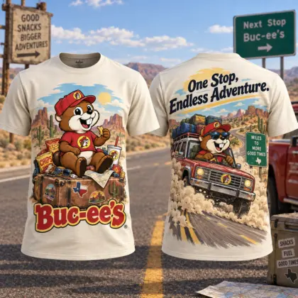 Buc-ee's Road Trip Truck Adventure T-Shirt for Travelers Who Turn One Stop Into Memories NDN flat front and back