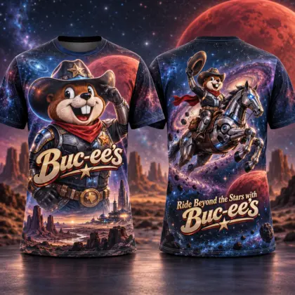 Buc-ee's Cosmic Cowboy Space Horse 3D Shirt for Riders Exploring Beyond the Stars NDN flat front and back