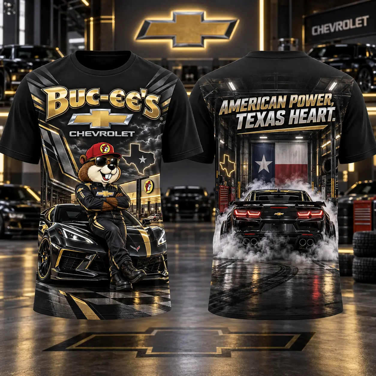 Buc-ee's Chevrolet American Power T-Shirt For Drivers With A Texas Heart NDN flat front and back