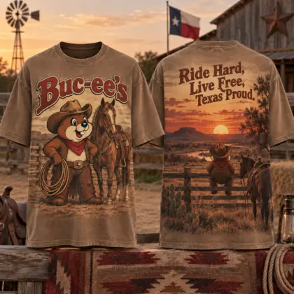 Buc-ee's Cowboy Western Sunset T-Shirt For Country Hearts Following Dusty Roads Toward Home NDN flat front and back