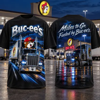Buc-ee's Semi Truck Highway T-Shirt For Long Haul Drivers Chasing The Next Sunrise NDN flat front and back