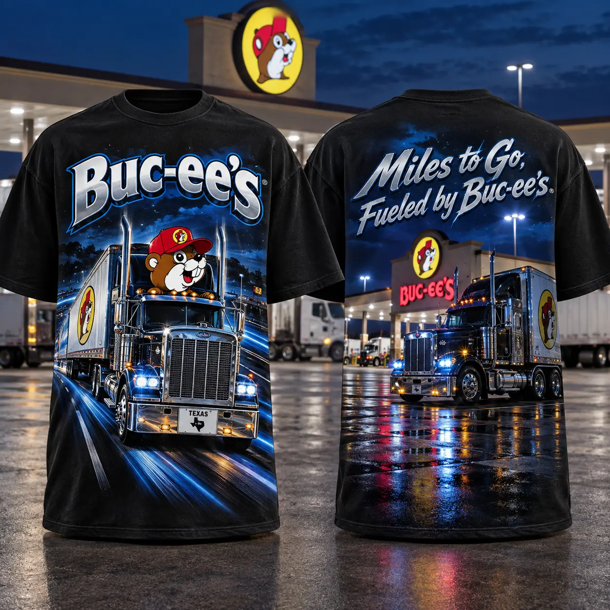 Buc-ee's Semi Truck Highway T-Shirt For Long Haul Drivers Chasing The Next Sunrise NDN flat front and back