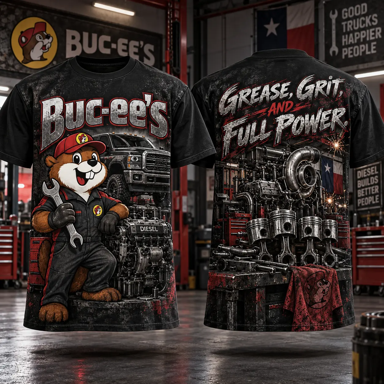 Buc-ee's Diesel Mechanic Workshop T-Shirt For Gearheads Powered By Grease Grit And Determination NDN flat front and back