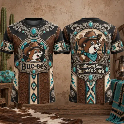 Buc-ee's Brown Turquoise Cowboy Ornament 3D Shirt for Road Travelers With True Southwest Soul NDN flat front and back