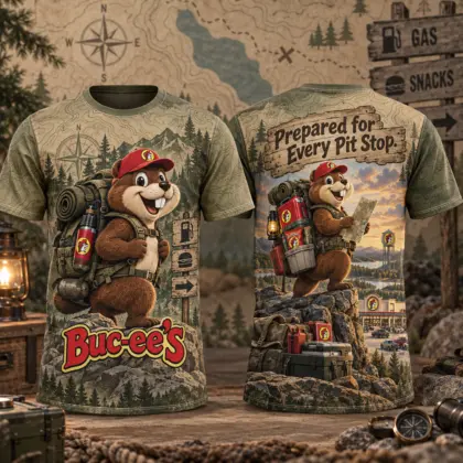 Buc-ee's Backpacking Forest Explorer 3D Shirt for Hikers Prepared for Every Roadside Pit Stop NDN flat front and back