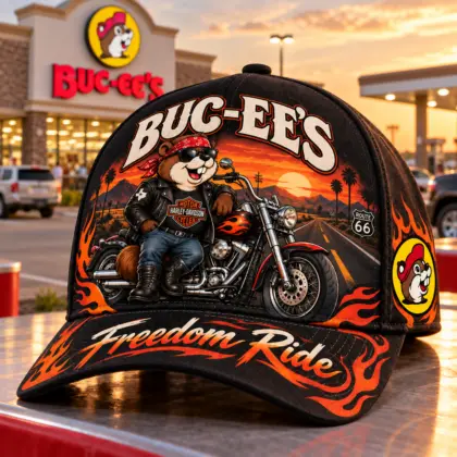 Buc-ee's Motorcycle Beaver Orange Flame Print Baseball Cap For Freedom Rides And Open Road Adventures NDN standalone cap