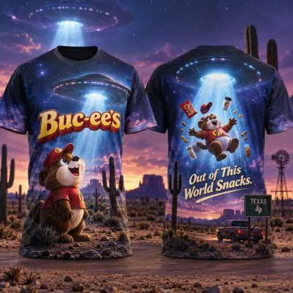 Buc-ee's UFO Desert Night 3D Shirt for Cosmic Travelers Craving Out of This World Snacks NDN flat front and back