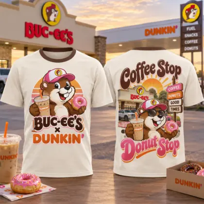 Buc-ee's Dunkin Coffee Donut T-Shirt For Early Travelers Who Never Skip A Sweet Roadside Stop NDN flat front and back