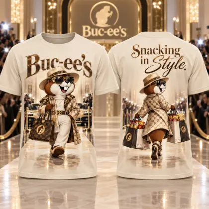 Buc-ee's Fashion Shopper Cream T-Shirt for Road Trip Fans Who Love Snacking in Style NDN flat front and back