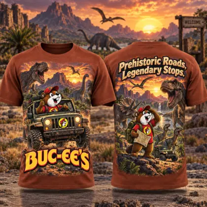 Buc-ee's Dinosaur Safari Sunset 3D Shirt for Explorers Traveling Prehistoric Roads to Legendary Stops NDN flat front and back