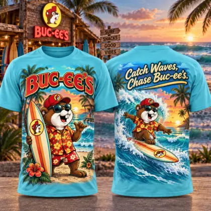 Buc-ee's Tropical Surfing Beaver 3D Shirt for Beach Travelers Who Catch Waves and Chase Snacks NDN flat front and back