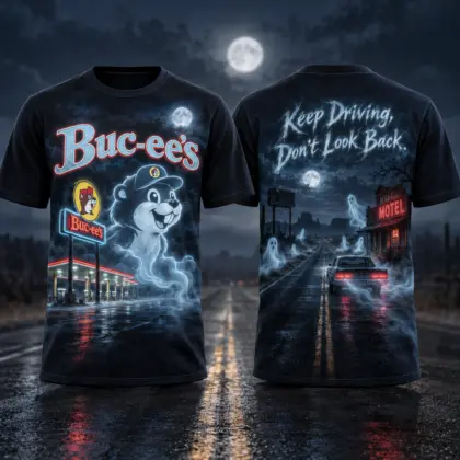 Buc-ee's Ghostly Blue Moon T-Shirt For Road Trippers Who Keep Driving After Dark NDN flat front and back
