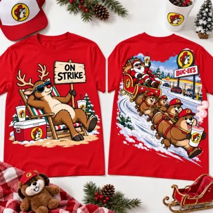 Buc-ee's Reindeer On Strike Beaver Sleigh Crew Funny Christmas T-Shirt NNK