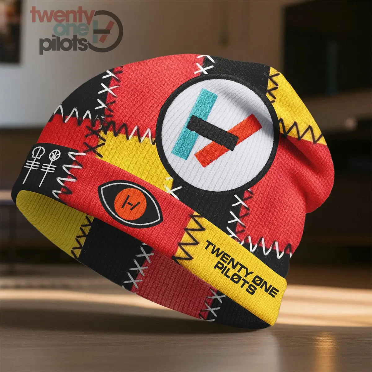 Twenty One Pilots Patchwork Logo Colorblock Beanie Hat for Fans Who Bring the Energy NY