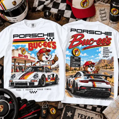 Buc-ee's Porsche White Road Trip 3D Shirt for Sports Car Fans NTH1