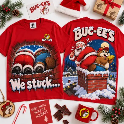 Buc-ee's Santa We Stuck Chimney Disaster Funny Christmas Two-Sided T-Shirt NNK