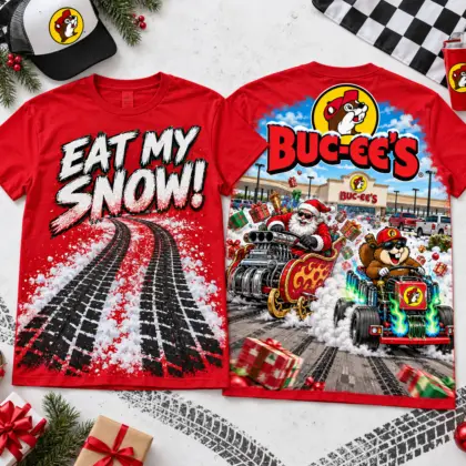 Buc-ee's Eat My Snow Santa vs Beaver Drag Race Funny Christmas T-Shirt NNK