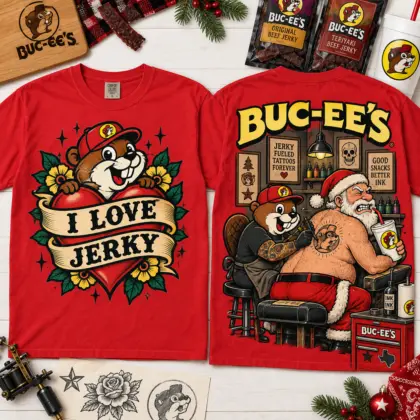 Buc-ee's I Love Jerky Santa Tattoo Shop Funny Christmas T-Shirt NNK