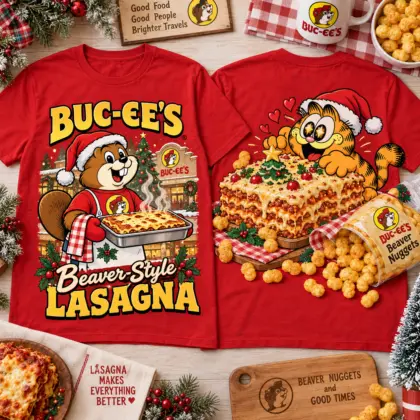 Buc-ee's x Garfield Beaver Style Lasagna Christmas 3D Shirt For Garfield Lovers NNK