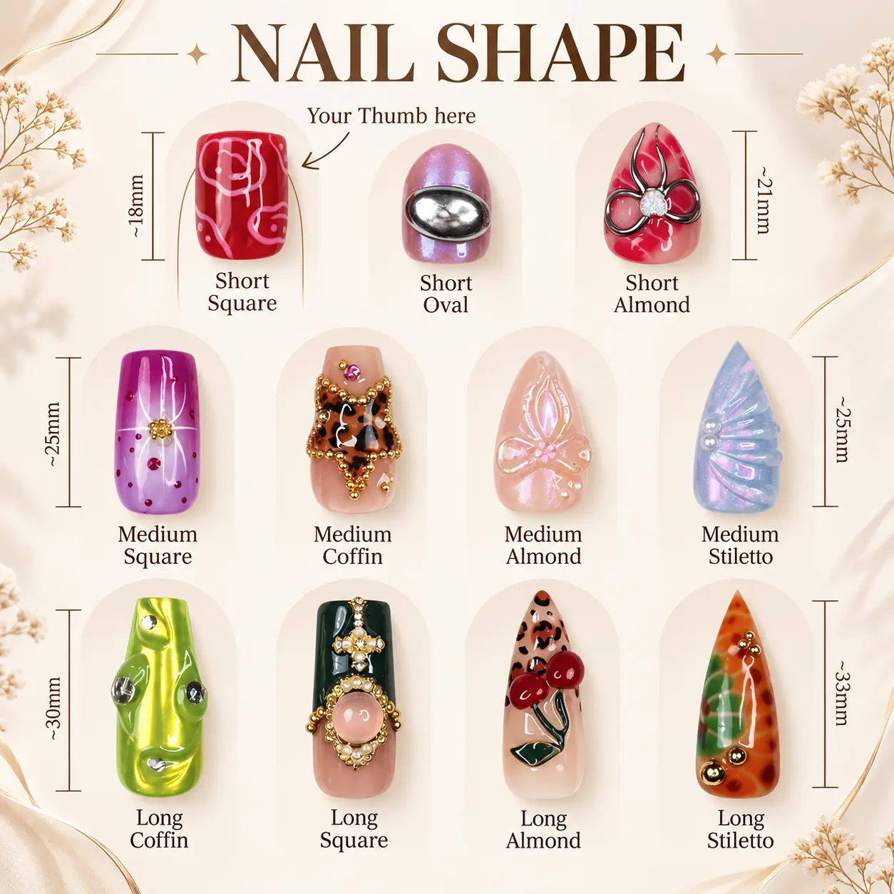 Buc-ee's press-on nails with beaver logos, Beaver Nuggets, Texas symbols, travel slogans, and snack-stop graphics chart shape