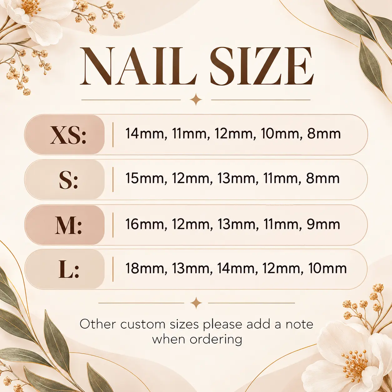 Buc-ee's press-on nails with beaver logos, Beaver Nuggets, Texas symbols, travel slogans, and snack-stop graphics chart size