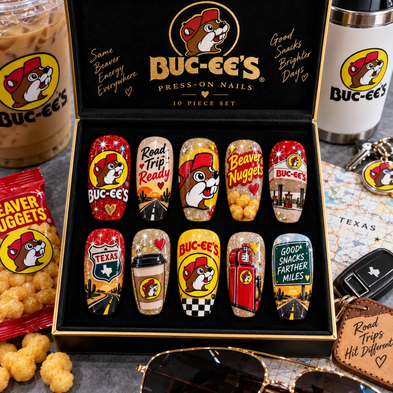 Buc-ee's press-on nails with beaver logos, Beaver Nuggets, Texas symbols, travel slogans, and snack-stop graphics flat