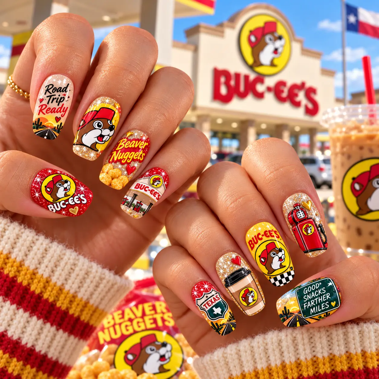 Buc-ee's press-on nails with beaver logos, Beaver Nuggets, Texas symbols, travel slogans, and snack-stop graphics worn