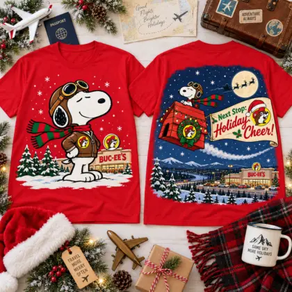 Buc-ee's Snoopy Flying Ace Next Stop Holiday Cheer Christmas T-Shirt NNK