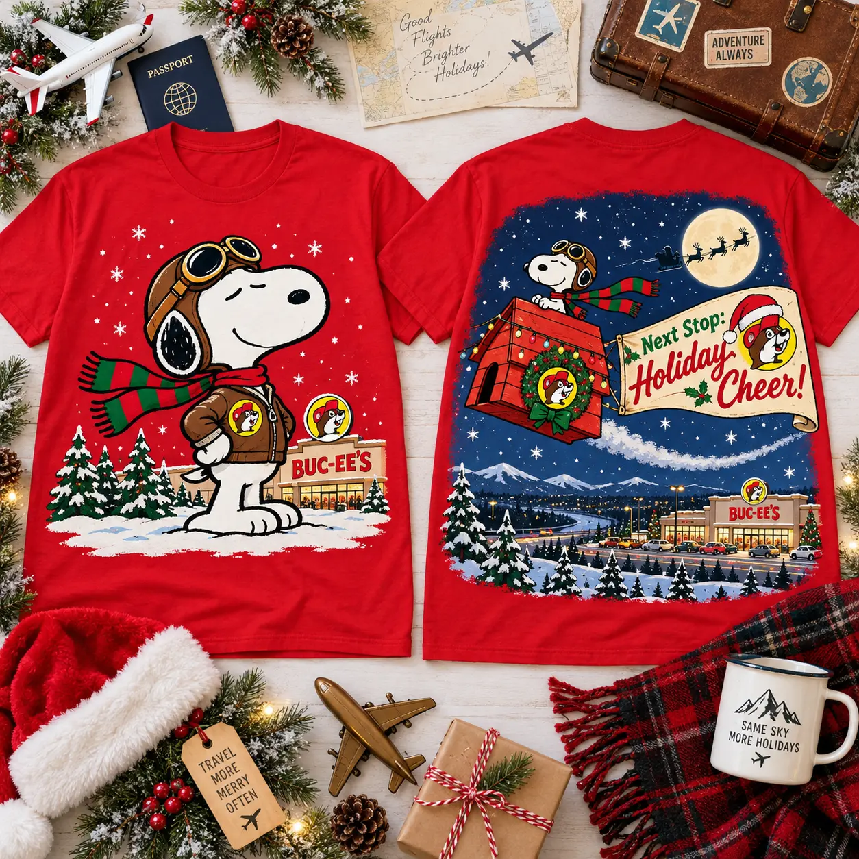 Buc-ee's Snoopy Flying Ace Next Stop Holiday Cheer Christmas T-Shirt NNK
