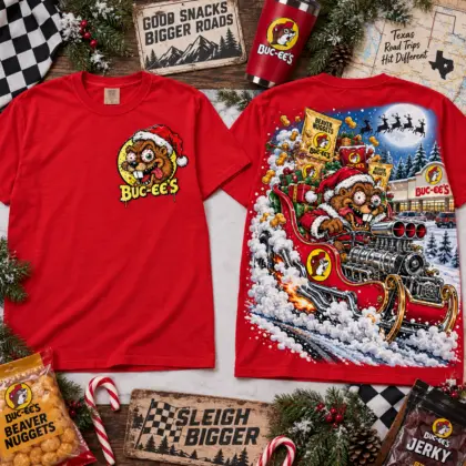 Buc-ee's Rat Fink Monster Hot Rod Sleigh Funny Christmas Two-Sided T-Shirt NNK
