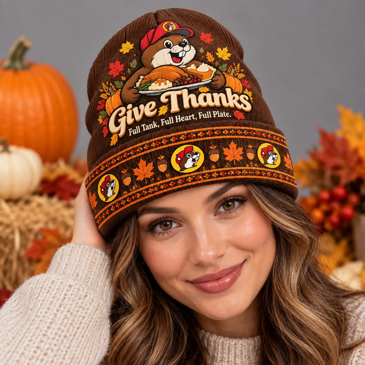Buc-ee's Thanksgiving Give Thanks Graphic Print Knit Beanie With Turkey Feast And Autumn Leaves NDN worn